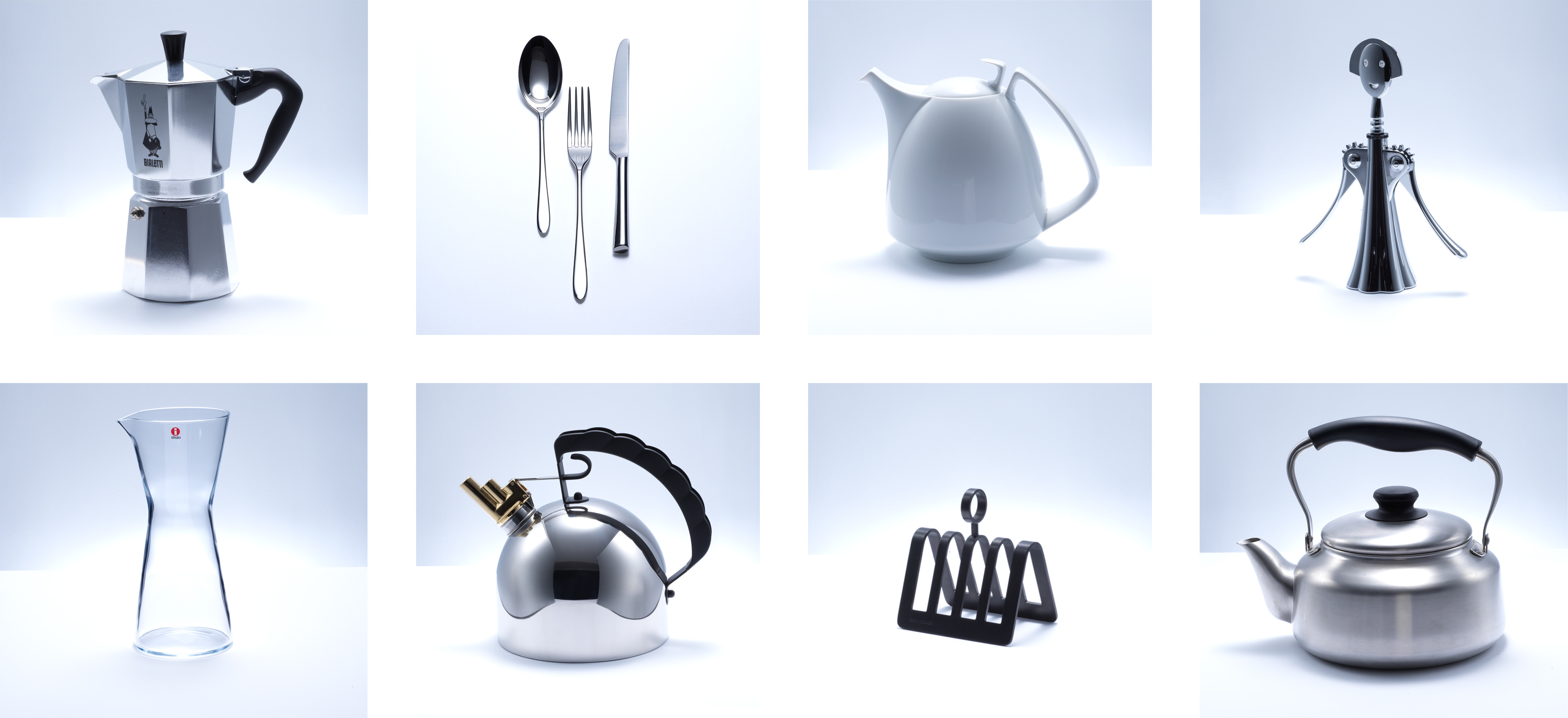 Design icons - featuring the Bialetti 
				Moka espresso coffee maker, David Mellor Pride cutlery, Walter Gropius TAC coffee pot, Alessi Anna G. corkscrew, 
				Kaj Franck Kartio clear carafe, Richard Sapper kettle for Alessi, David Mellor toast rack , and the Sori Yanagi kettle.
