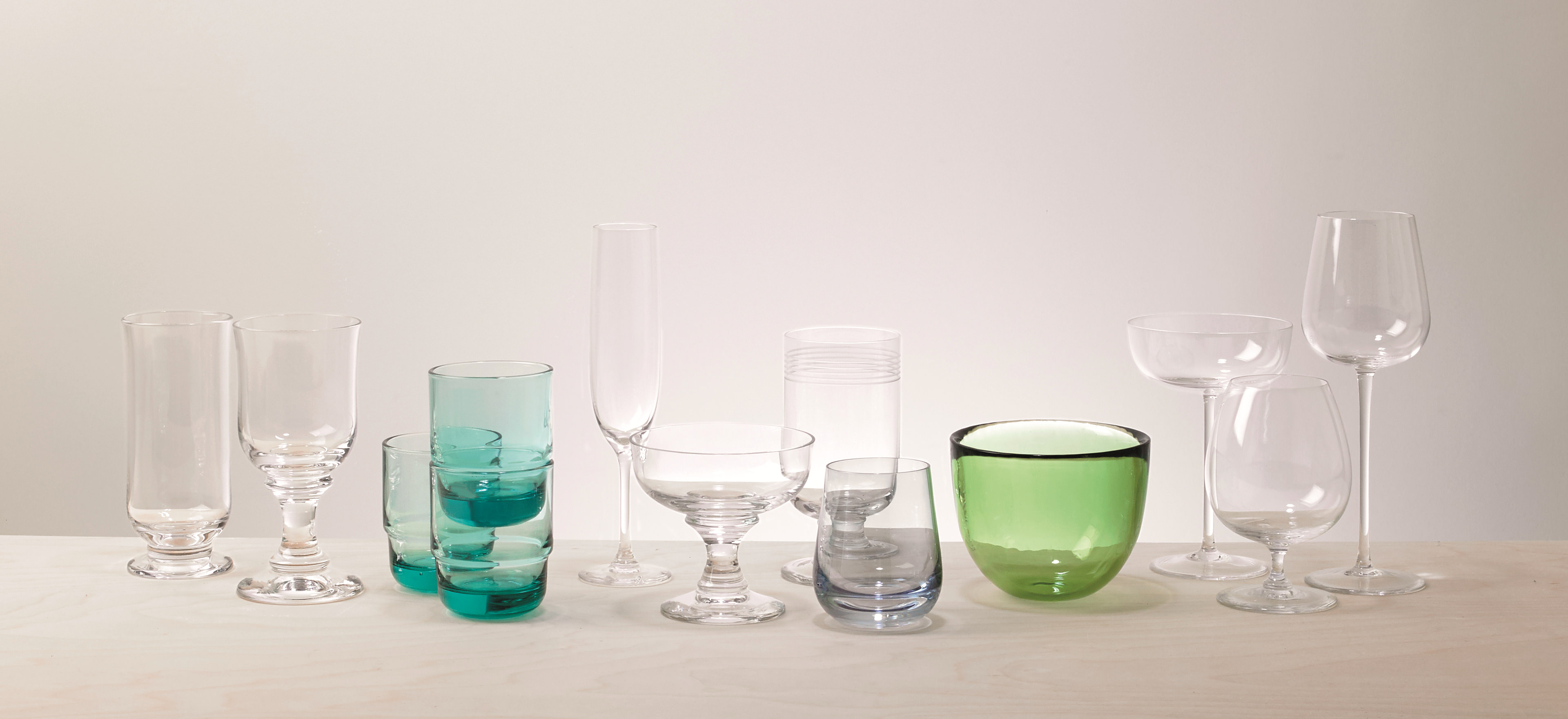 Glasses from the David Mellor glassware range arranged on a white background.