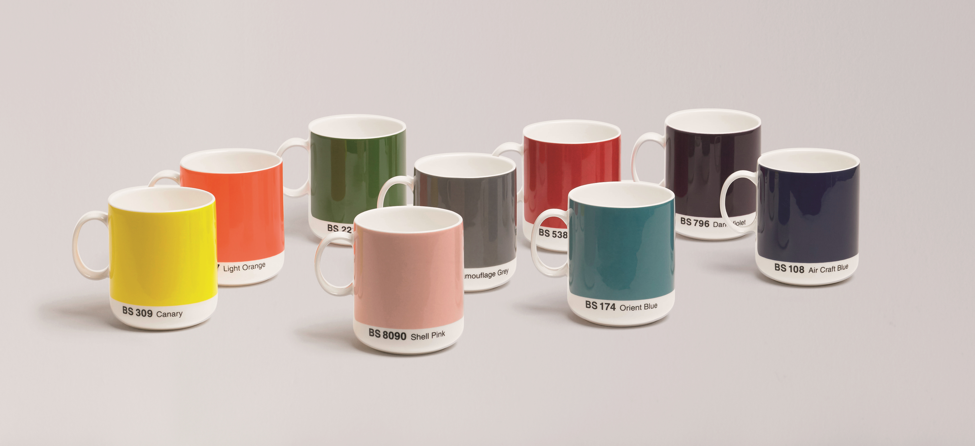The various colours of David Mellor British Standard Mugs lined up.