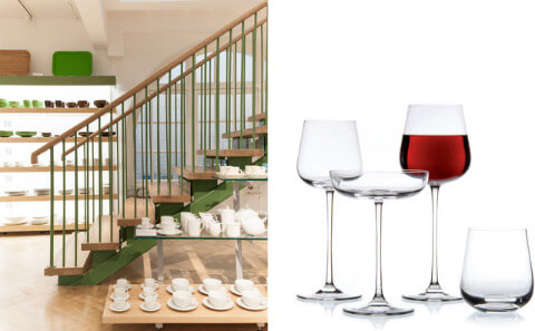 Left hand side shows the lower level of the Marylebone shop showcasing the custom designed main staircase, display units and till points. Right hand side shows Embassy glassware.