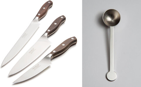 Left hand side shows Rosewood kitchen knives. Left hand side shows the stainless steel coffee scoop.