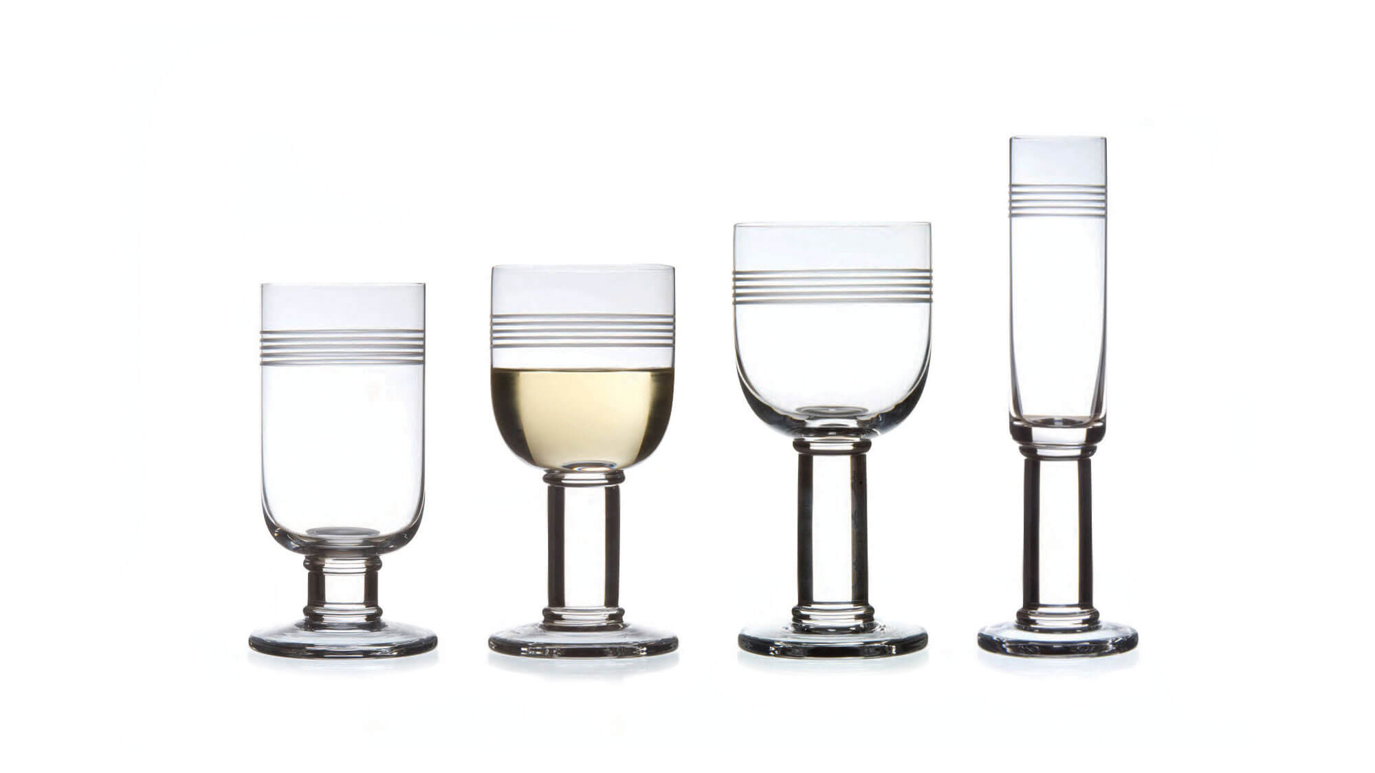 Linear red wine glass, white wine glass and champagne glass on a white background.