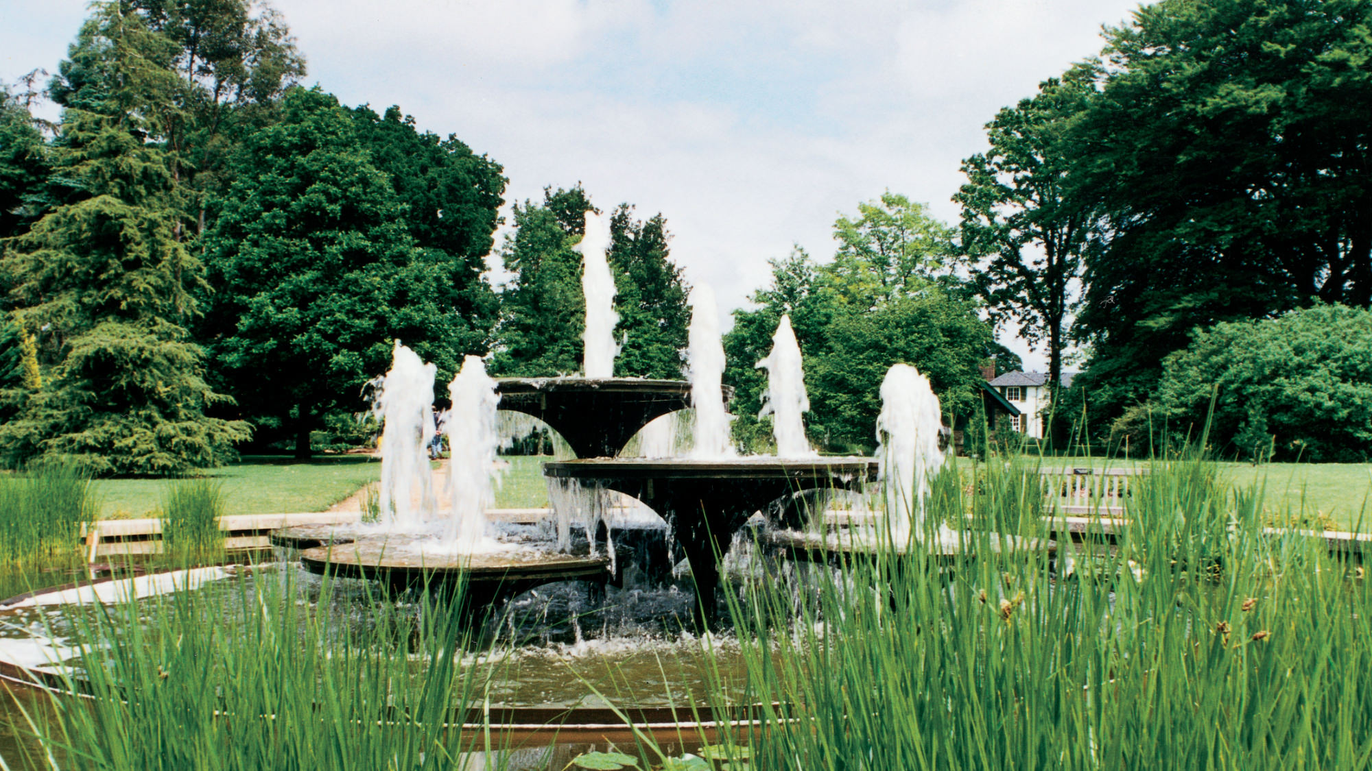 Bronze fountain in situ at the University Botanic Garden, Cambridge.