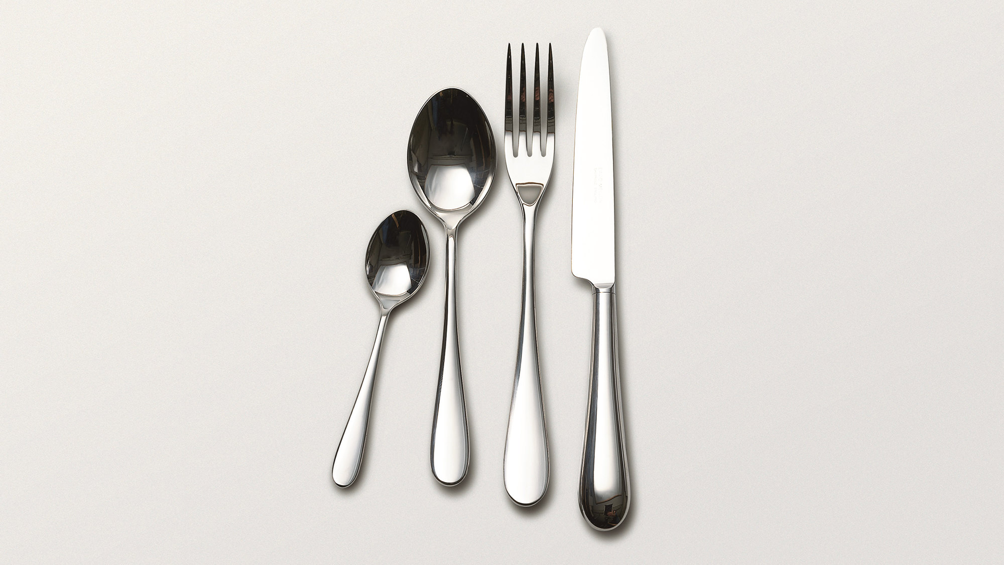 Paris stainless steel cutlery items displayed in a line on a grey background