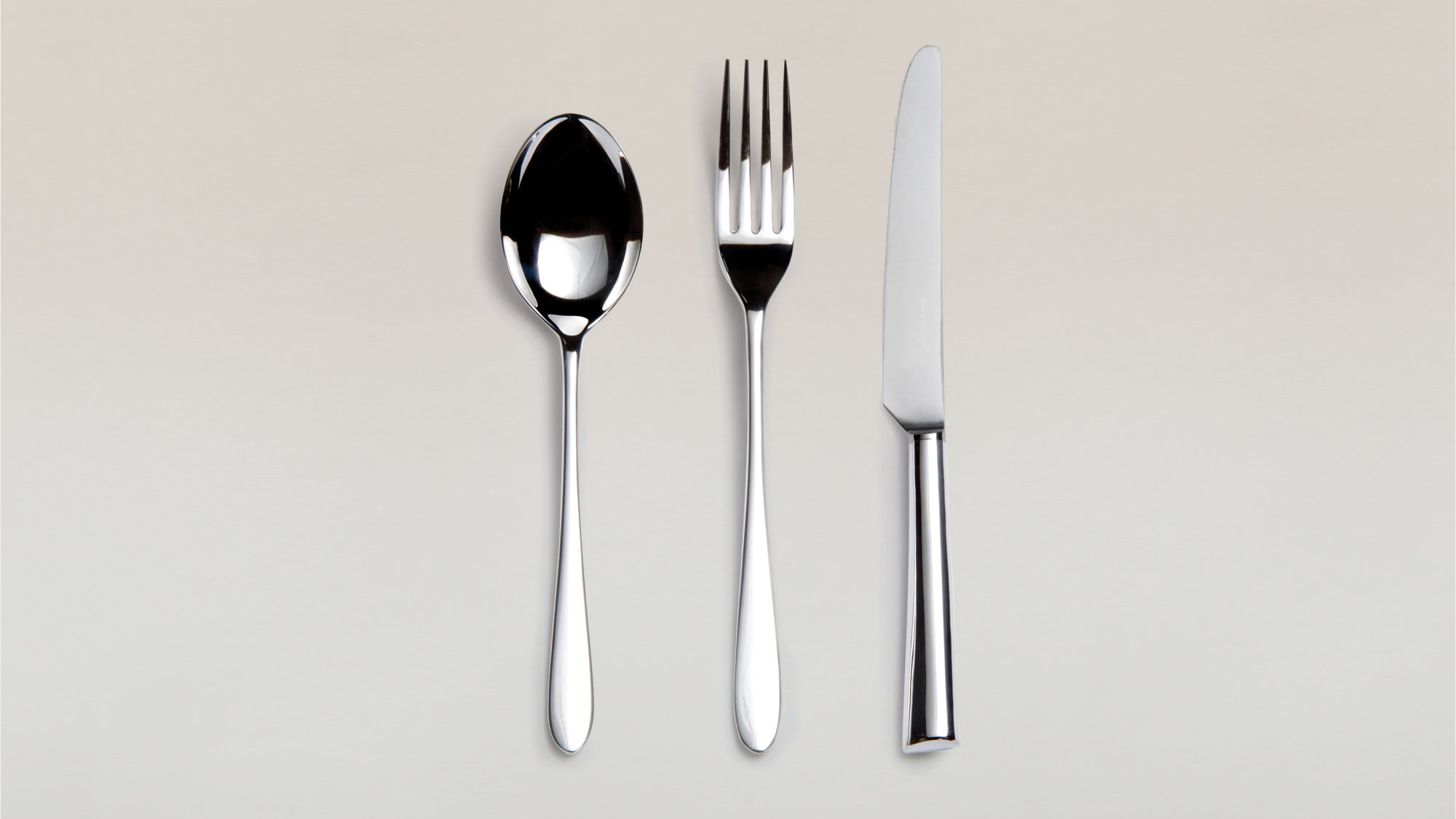 Pride stainless steel cutlery displayed in a line on a grey background.
