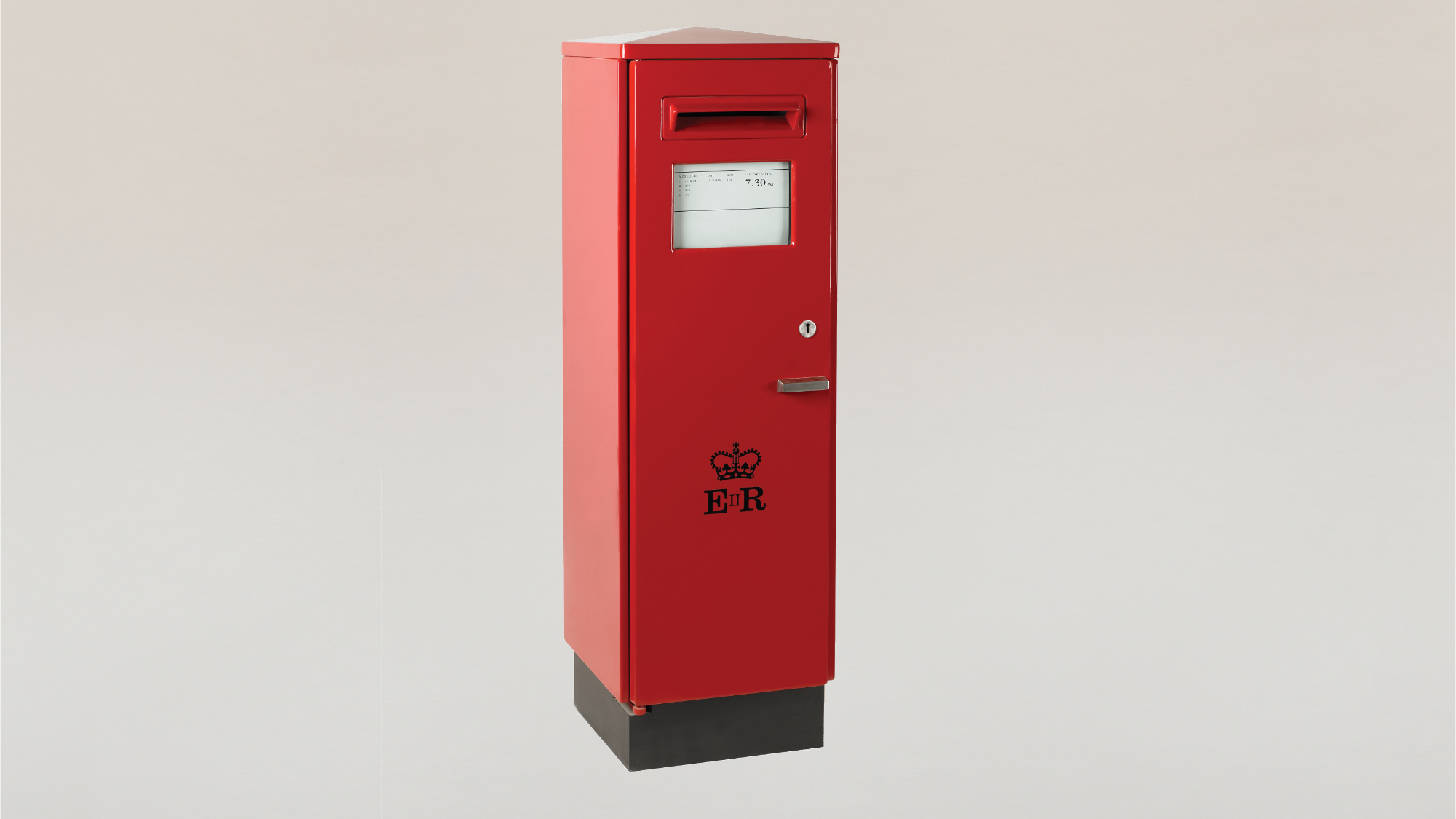 Square pillar box, cast iron painted Royal Mail red on a white background.