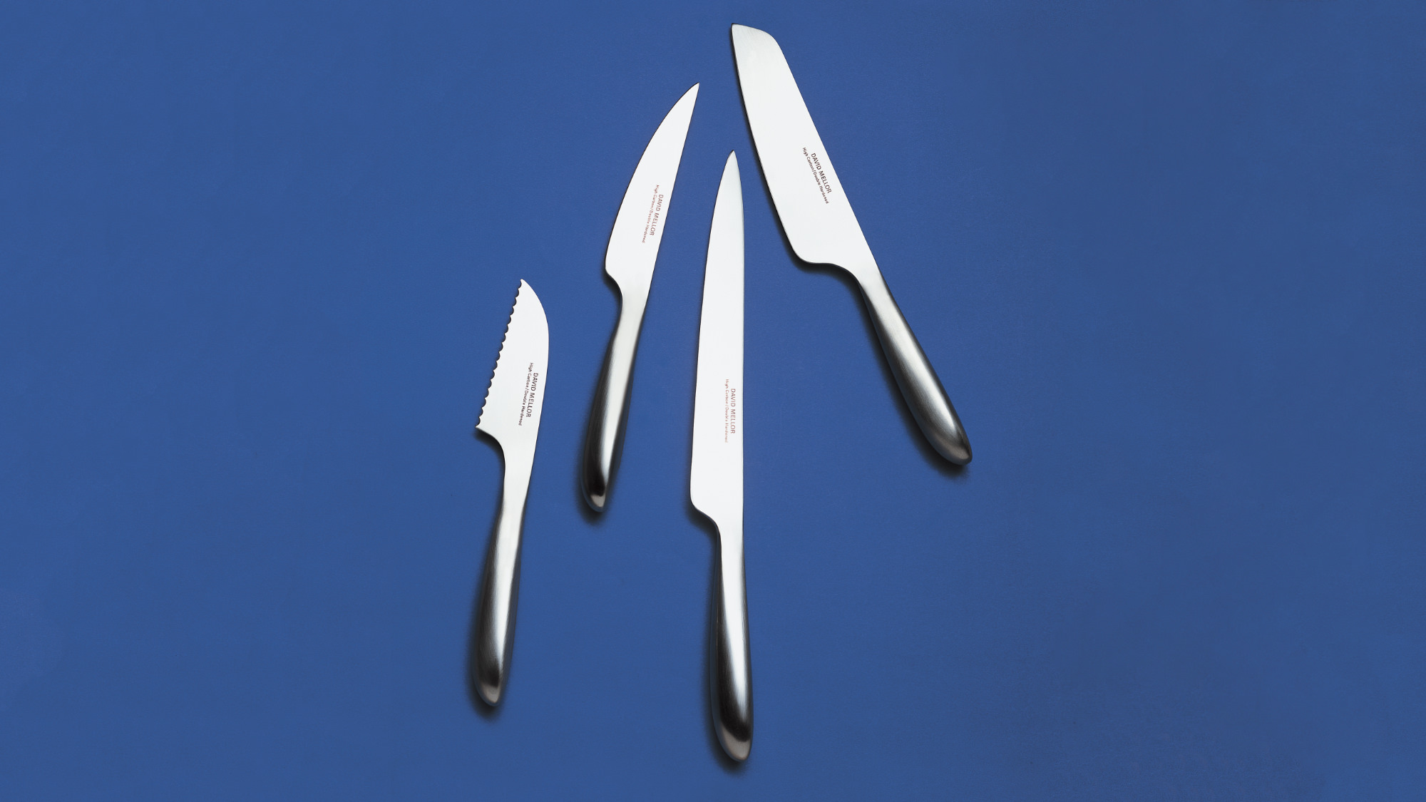 Stainless steel kitchen knives displayed in a line on a grey background.