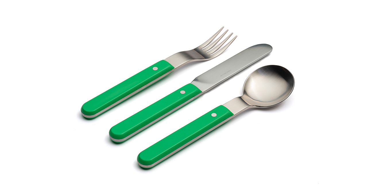 Pavilion green cutlery viewed from the side.